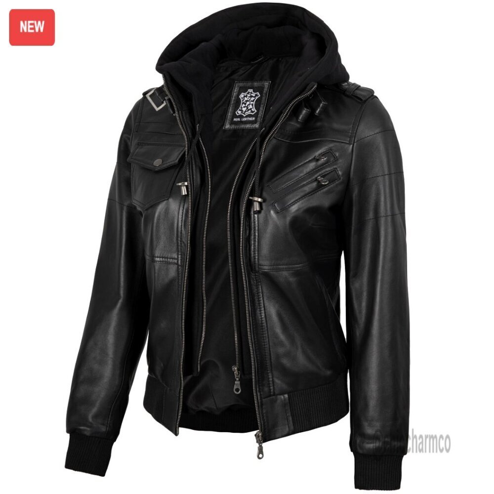 Lambskin Leather Jacket Detachable Hood Tailored Fit Chic Outerwear